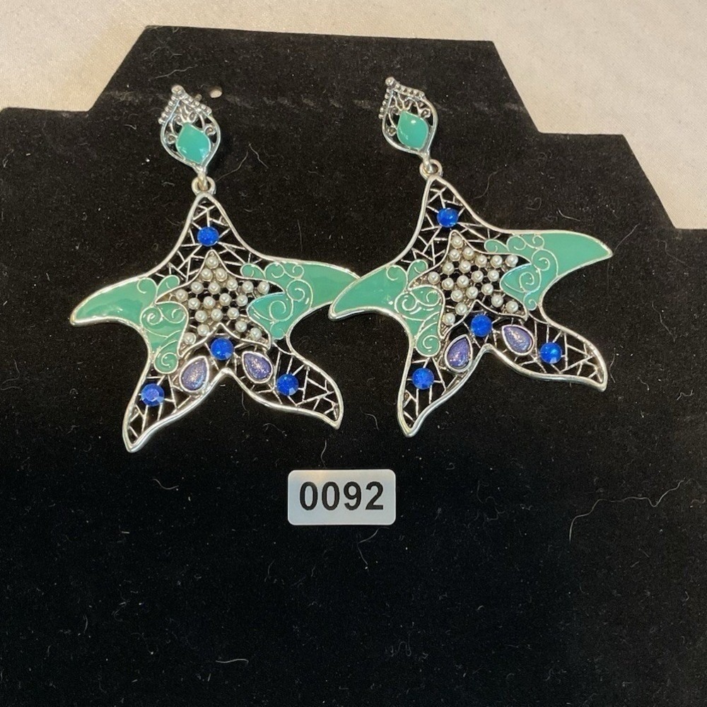 Silver Tone Starfish Shaped Dangle Earrings Blue And Green Epoxy